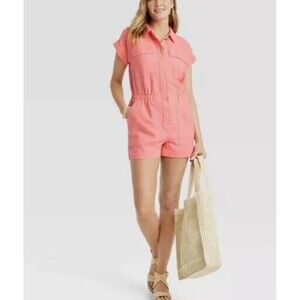 Universal Thread Coral Short Sleeve Button‎ Front Romper Size 14 Summer